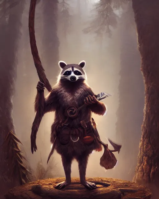 Image similar to oil painting of Anthropomorphized Racoon, holding bow, hunter coat, proud look, full body, sharp focus, fantasy style, octane render, volumetric lighting, 8k high definition, by greg rutkowski, highly detailed, trending on art Station, woodland backround