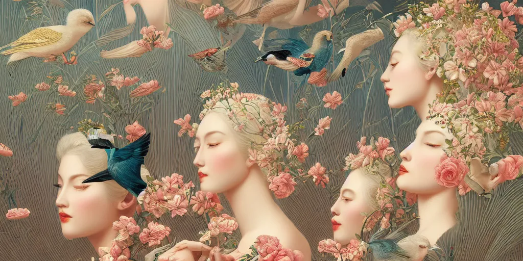 Image similar to breathtaking detailed concept art painting art deco pattern of blonde faces goddesses with blend of flowers and birds, by hsiao - ron cheng and john james audubon, bizarre compositions, exquisite detail, extremely moody lighting, 8 k