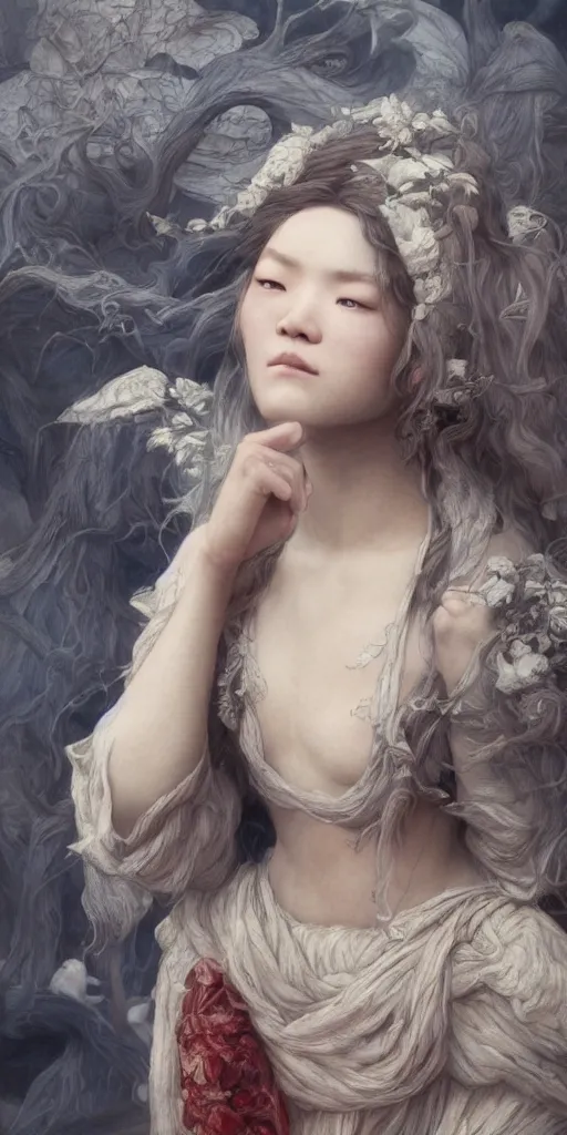 Image similar to dianne doan, masterpiece by edgar maxence and ross tran and michael whelan, gustav dore, 8 k, octane render