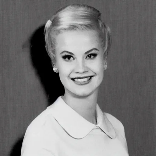 Image similar to a yearbook photo of Betty Cooper in 1966, she has a ponytail and bangs