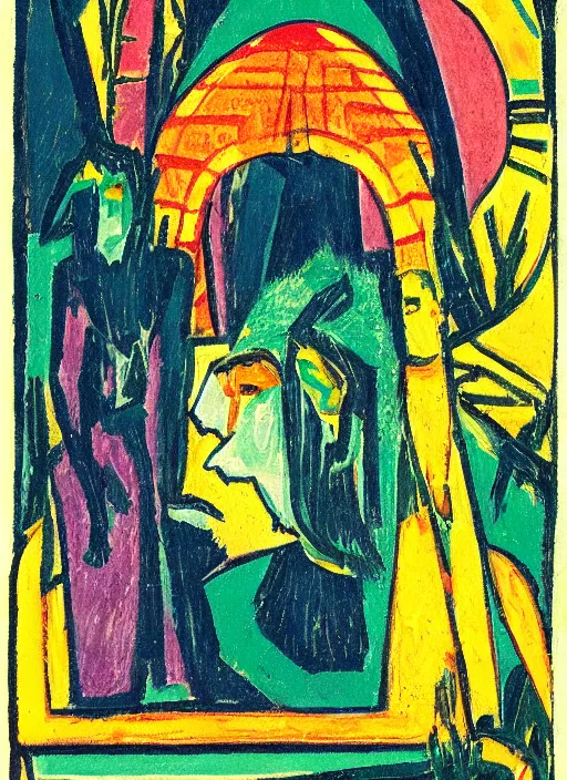 Image similar to intricate liminal spaces tarot card, by Ernst Ludwig Kirchner, soft colors, dramatic lighting, smooth, sharp focus, extremely detailed, aesthetically pleasing composition