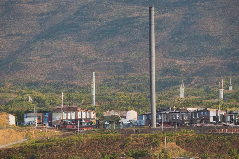 Image similar to a road next to warehouses, and a hill background with a radio tower on top, 3 0 0 mm telephoto lens