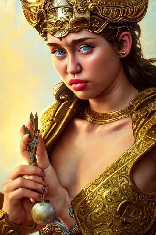 Image similar to miley cyrus as greek goddess athena, closeup, d & d, fantasy, intricate, elegant, highly detailed, digital painting, artstation, concept art, matte, sharp focus, illustration, hearthstone, art by artgerm and greg rutkowski and alphonse mucha