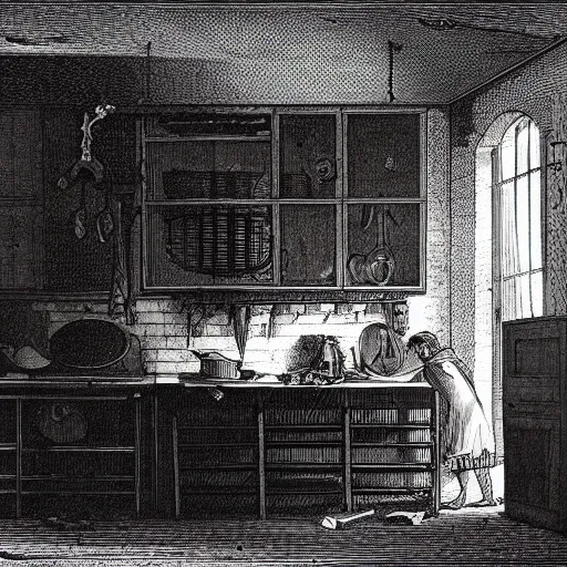 Image similar to kitchen of an abandonded house, illustration by Gustav Doré, Chiaroscuro