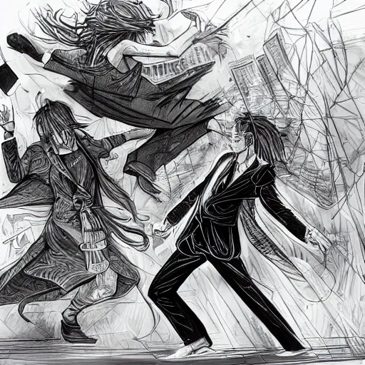 Prompt: hippie wearing robes, a fight between a boho cyberpunk hippie and a high - tech suit businessman, epic sketch art, cinematic mid shot fight, detailed