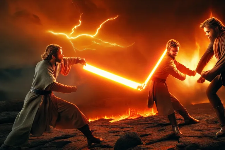 Image similar to an ultra realistic, cinematic shot, of anakin skywalker fighting obi wan kenobi, fire, facial features, background of a lava river, with rain and lightning, detailed, deep focus, movie still, dramatic lighting, ray tracing, by michal karcz and yoshitaka amano