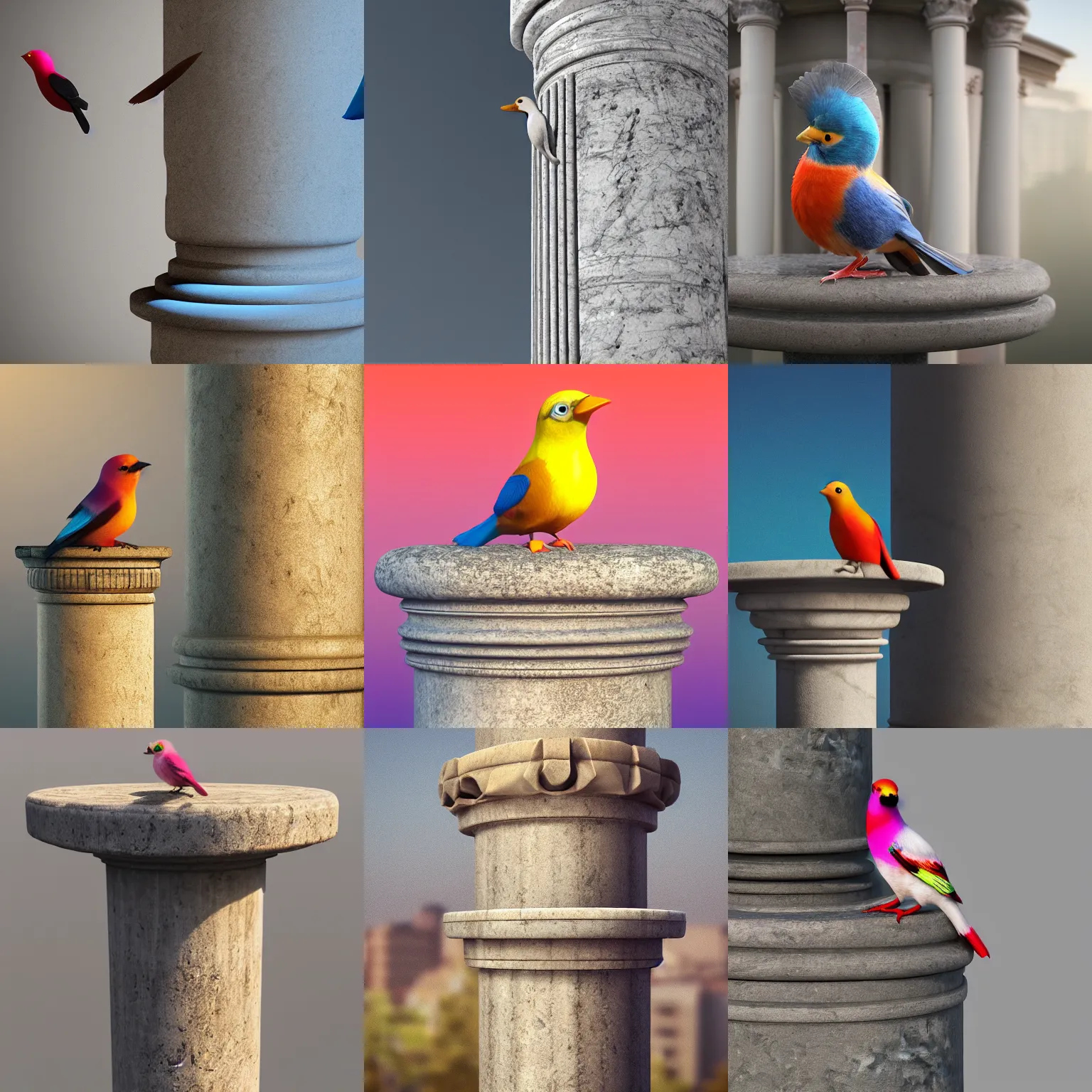 Prompt: cute colorful bird sitting on the top of a roman column pillar made of marble, octane render, 4 k, cinematic lighting, gradient lighting