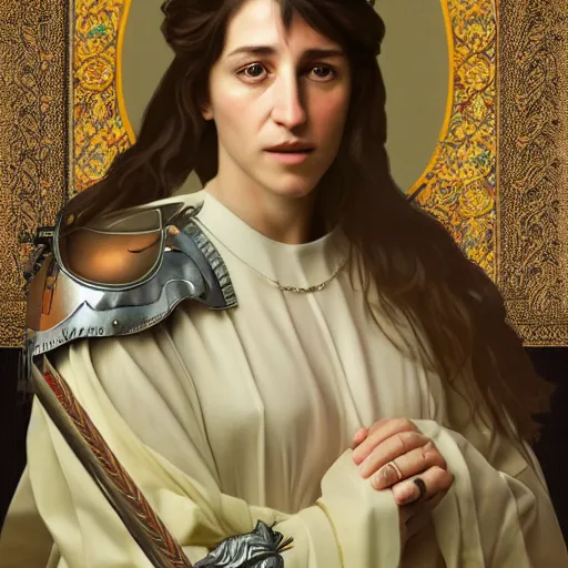 Image similar to portrait of charlotte gainsbourg as joan of arc, hyperreal digital painting, iconography influenced by alphonse mucha and eugene delacroix, arstation and deviantart trends, high resolution 8 k