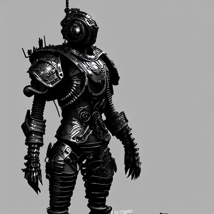 Image similar to a character in a planet by nihei tsutomu, dramatic black and white, steampunk obsidian dark black armor, highly detailed, 3 d render, vray, octane, realistic lighting
