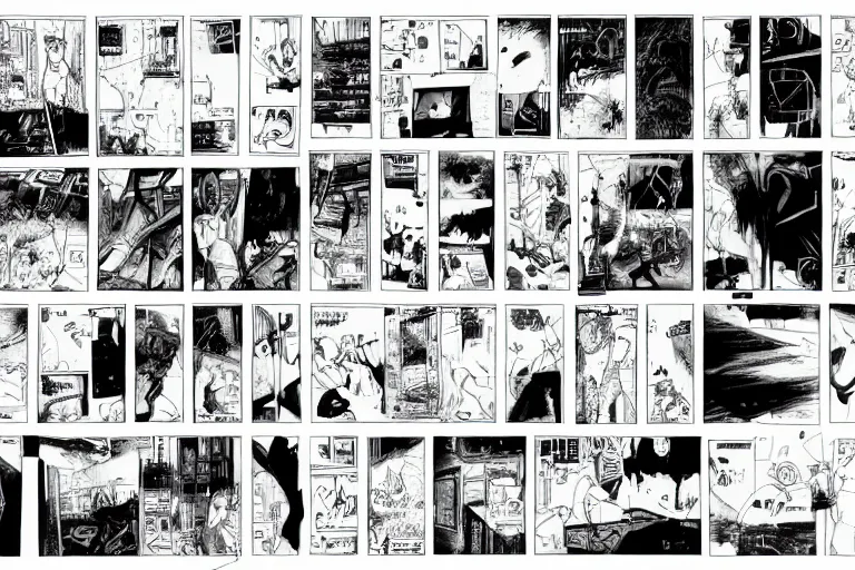 Prompt: a complete spread of an empty diy graphic novel template, placeholder panels, empty comic, color book, drawing, concept, full spread, complete pages, black and white