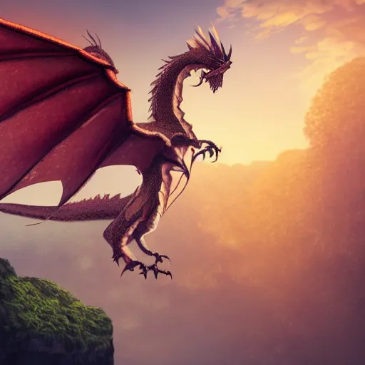 Image similar to a feathered dragon with wings spread out and an open mouth flying over high cliffs and jungles with large trees and vines, fantasy, 8k, realistic