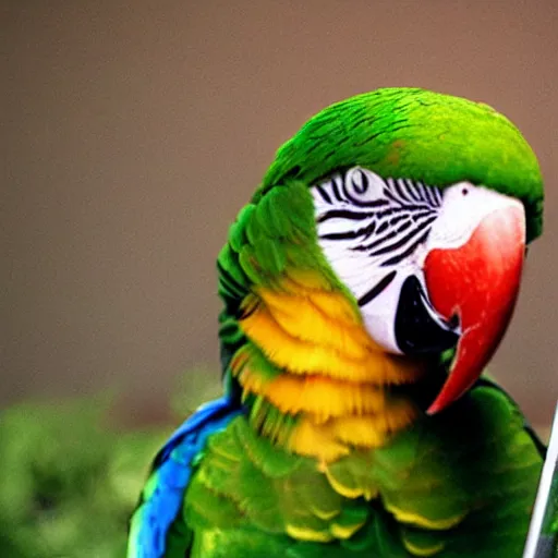 Prompt: a parrot drinking a beer from a garden hose,