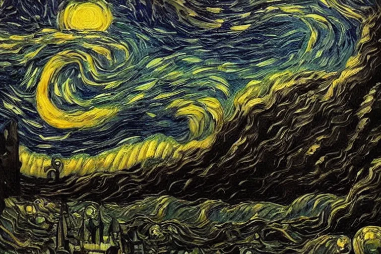 Image similar to man is seeing old god cthulhu terrifying the night sky of a city, epic scene oil painting hyper - detailed realistic dark - art painted by van gogh