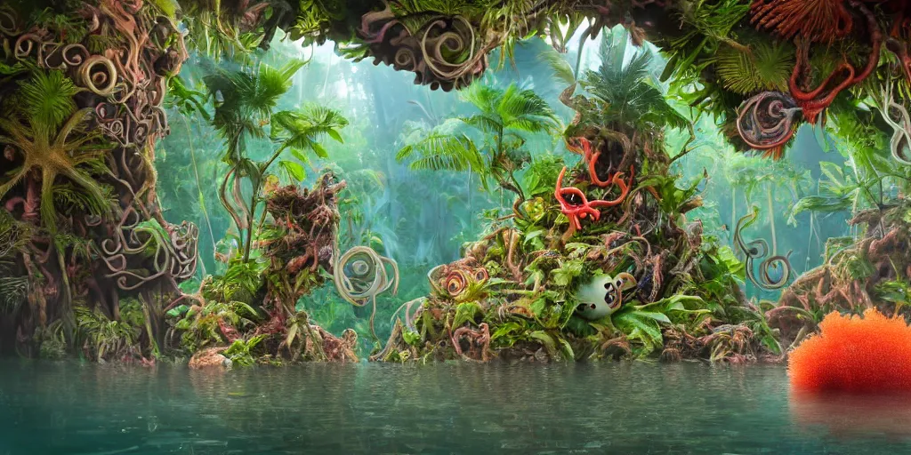 Image similar to of a tropical rainforest lake with strange cute friendly happy creatures with huge eyes, mouth, long tongue, round teeth and tentacles appearing from sandy coral, in the style of gehry and gaudi, macro lens, shallow depth of field, ultra detailed, digital painting, trending artstation, concept art, illustration, cinematic lighting, photorealism, epic, octane render