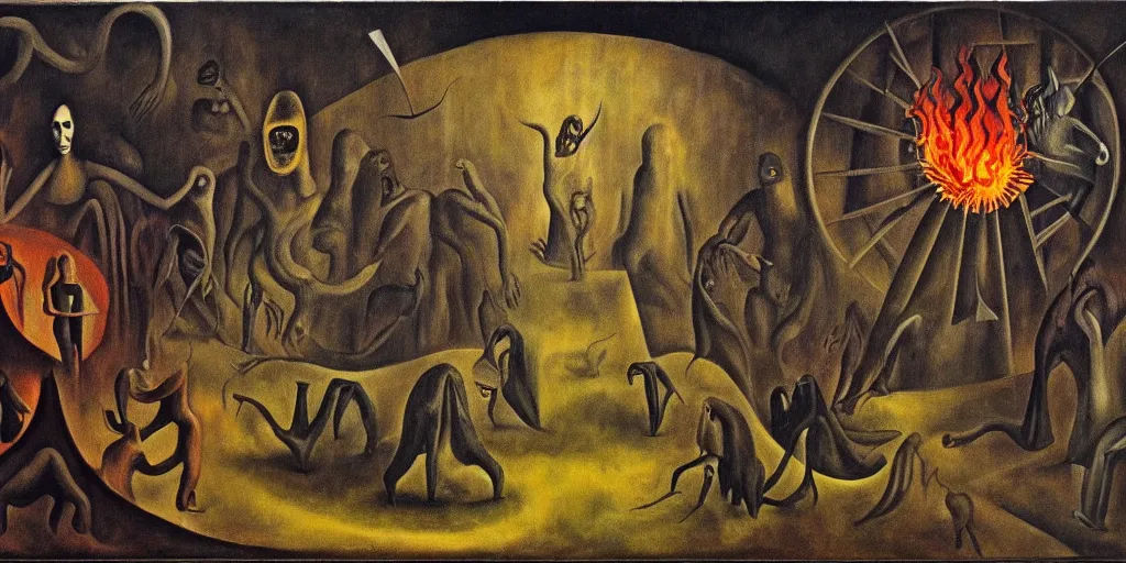 Image similar to trapped on a hedonic treadmill, dark uncanny surreal painting by leonora carrington, dramatic lighting from fire glow, mouth of hell, ixions wheel