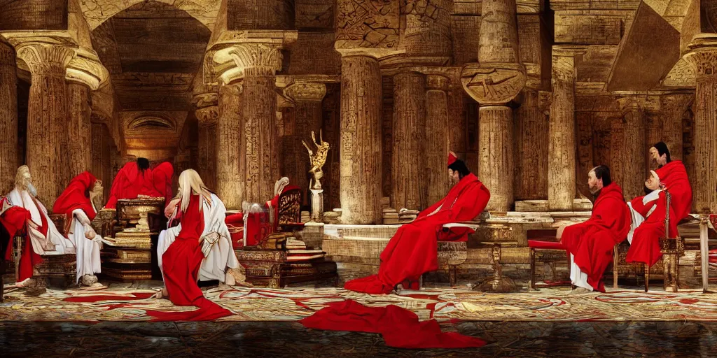 Prompt: ancient senators in red and white robes sit in tribunes, egyptian teal mosaic background, highly detailed, beautiful cinematic light deep focus, elegant, digital painting, smooth, sharp focus, golden ratio, dramatic illumination, art by aleksi briclot, rutkowski and caravaggio