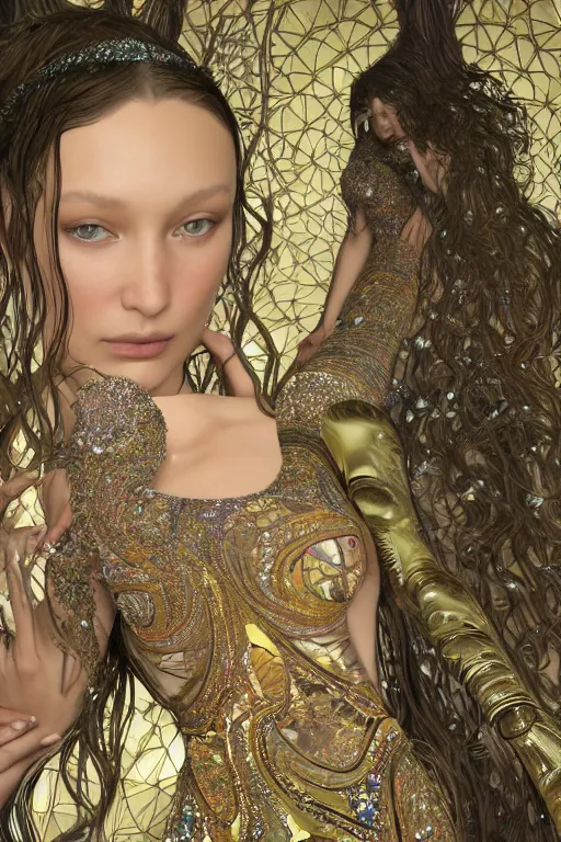 Image similar to a highly detailed portrait of a beautiful goddess bella hadid in iris van herpen dress in diamonds and fractals in style of alphonse mucha art nuvo gustav klimt trending on artstation made in unreal engine 4