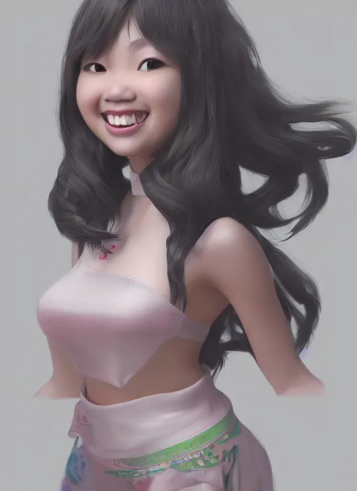 Image similar to a cute asian girl smiling, flowing hair in the style of pixar animation, full body shot, viewed from bellow, award winning, hyper detailed, studio lighting, artstation, octane renderer, unreal engine