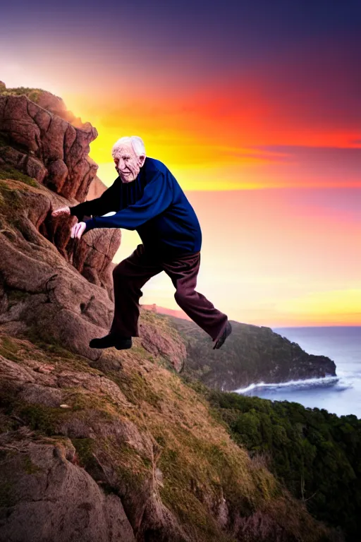 Prompt: elderly man falling off a cliff, tragic moment, 8 k, award winning photograph, sunset in background, highly - detailed