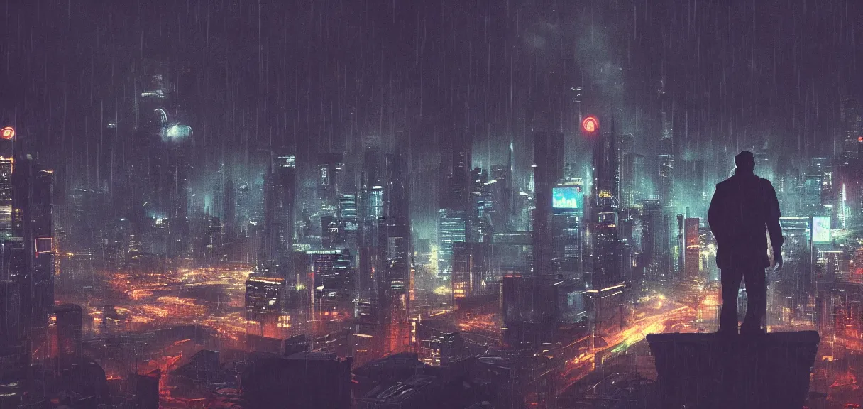 Prompt: shot of the alone man standing on the roof during rain, looks at impressive cyberpunk city at night during great storm, nightscape, futuristic architecture, realistic photo, neons, blade runner, akira style, cinematic lighting, cinematic angles