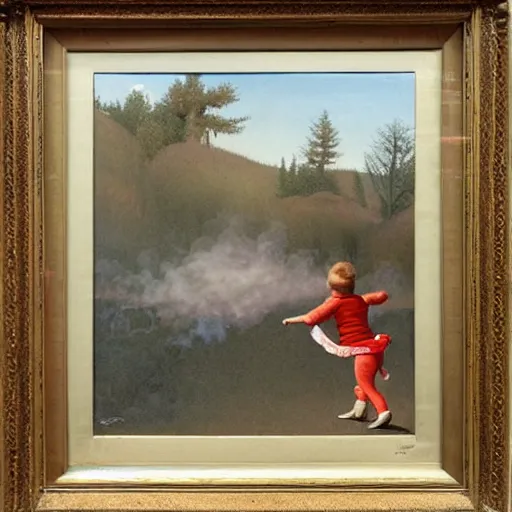 Image similar to a running child turning into vapor, mist, smoke, scissors in hand, a detailed matter painting by John Philip Falter