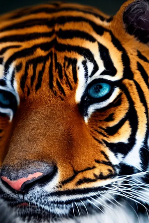 Image similar to high quality portrait photo of an tiger dressed in a dark business suit and tie, Anthropomorphic, photography 4k, f1.8 bokeh, 4k, 85mm lens, sharp eyes, looking at camera