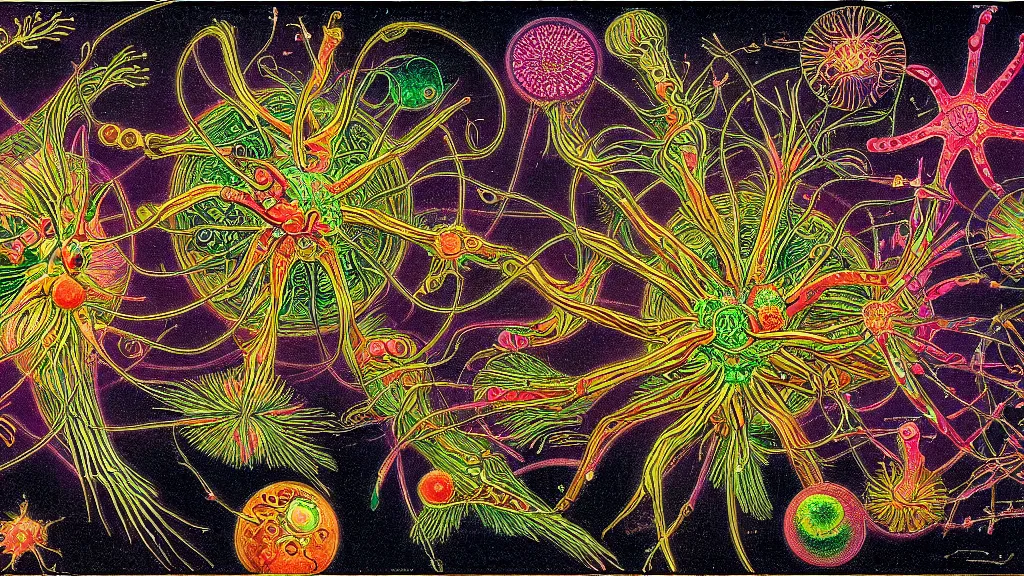 Image similar to quantum connections represented as symbiotic organisms like cells playing around with colorful lights by ernst haeckel, gas