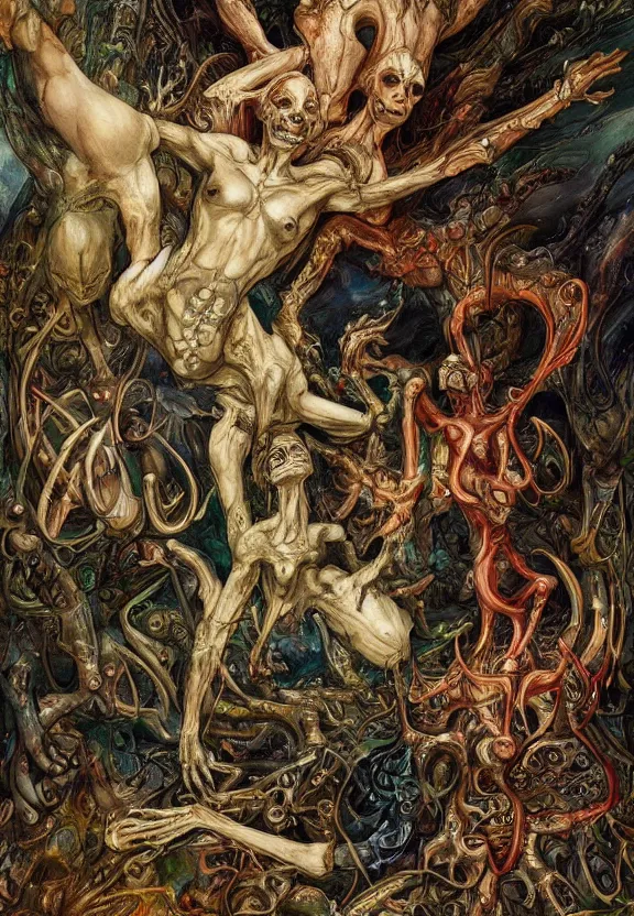 Prompt: colorful muscular eldritch bodies radiating town fractal, white bones, white skeletons, by h. r. giger and esao andrews and maria sibylla merian eugene delacroix, gustave dore, thomas moran, pop art, chiaroscuro, biopunk, art nouveau