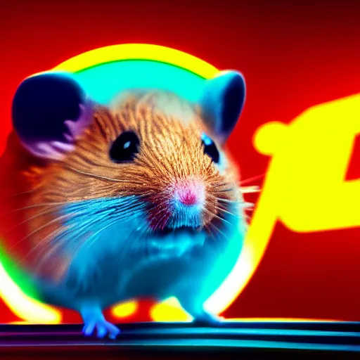 Prompt: rainbow hamster! in a cyberpunk city, neon lights, light reflection, logo, 8 k, hd