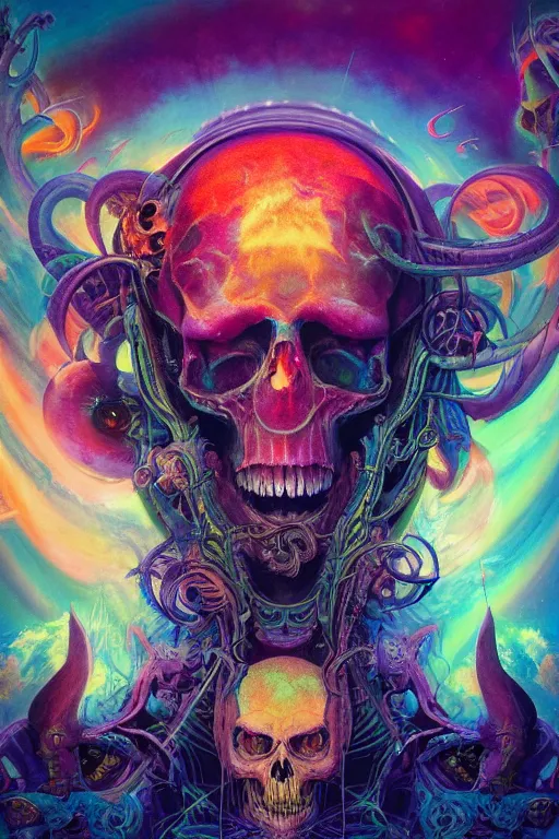 Image similar to gigantic psychedelic demonic cosmic skull of death and fire of outer space, fantasy painting, ultra realistic, dmt, wide angle, art nouveau, intricate details, digital painting, rainbowshift, vivid colors, highly detailed by peter mohrbacher, h. r. giger, maxfield parrish, craig mullins, octane render, cgi