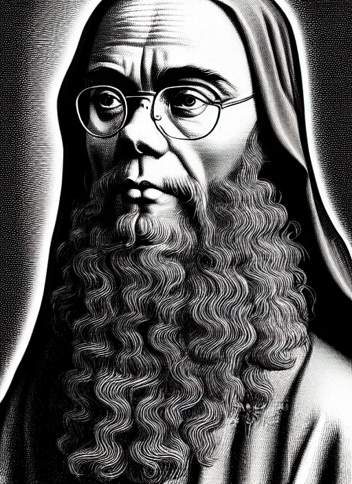 Prompt: portrait saint maximilian kolbe graphic in the art style of leonardo da vinci pencil, ultra detailed illustration vector line pencil highly detailed