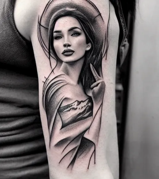 Image similar to tattoo design sketch of a beautiful woman face against a background of beautiful mountains and nature, hyper - realistic, in the style of den yakovlev, amazing detail, black and white