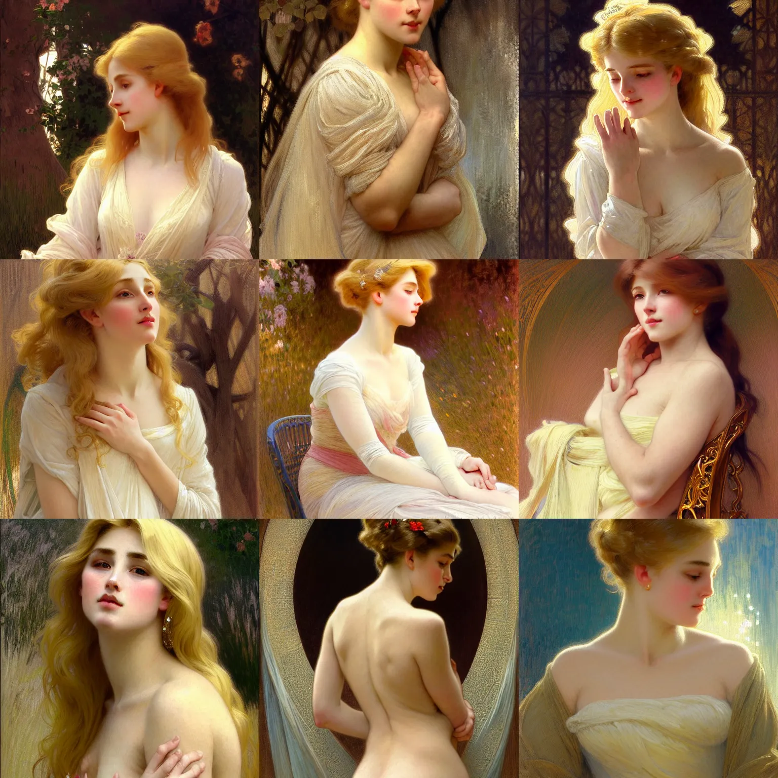 Prompt: painted portrait of a shy wife blessed by god with ever - increasing intelligence beauty and virtue. blonde, well - endowed holy body dressed modestly, light effect. feminine, powerful, in clothes! intricate, elegant, highly detailed, digital painting, artstation, concept art, smooth, sharp focus, illustration, art by gaston bussiere and alphonse mucha