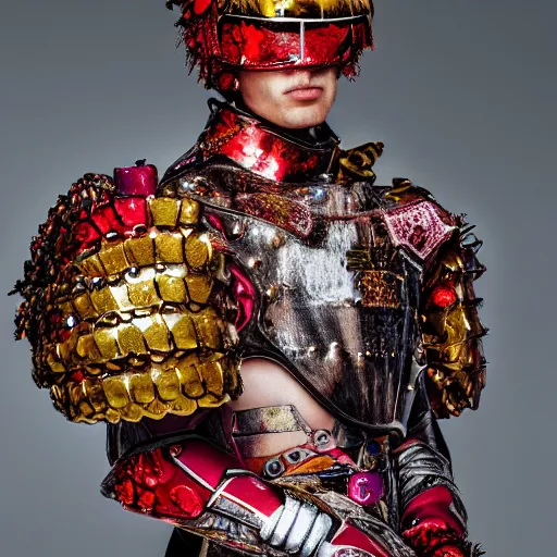 Prompt: a portrait of a beautiful young male wearing an alexander mcqueen armor made of candy , photographed by andrew thomas huang, artistic