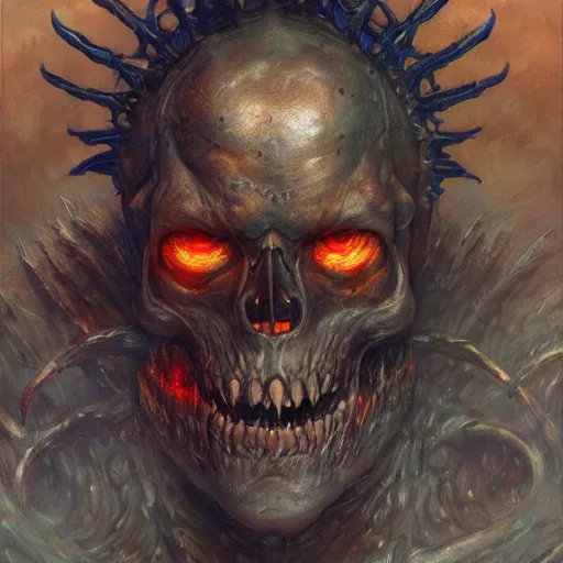 Image similar to realistic scifi monster in hell, closeup portrait art by donato giancola and greg rutkowski, realistic face, digital art, trending on artstation, skull helmet, symmetry!!!