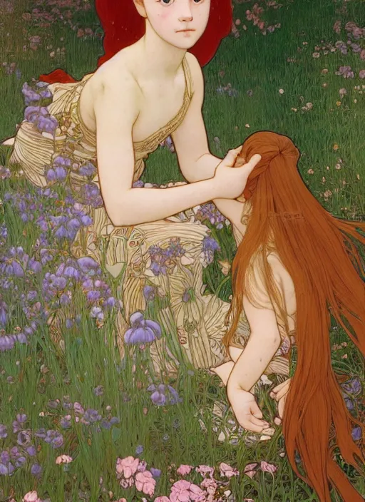 Image similar to young girl resembling alicia vikander with long red hair, wearing a dress, playing with her doll on the wooden floor in an old wooden house, path traced, highly detailed, high quality, digital painting, by studio ghibli and alphonse mucha, leesha hannigan, hidari, art nouveau, chiho aoshima, jules bastien - lepage