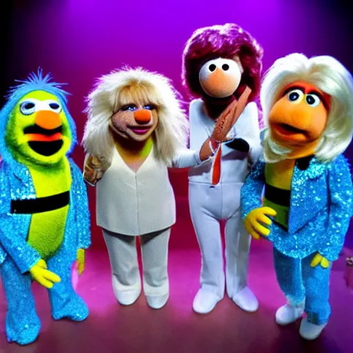 Image similar to music band ABBA as Muppets on stage, stage lighting, ultra realistic details, 4k