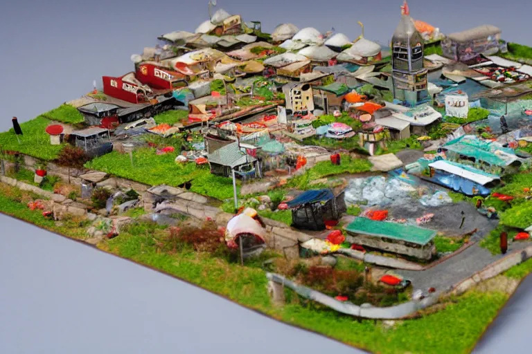 Image similar to miniature town made of sushi, tilt shift photography, diorama picture, 5 5 mm, trending on art station