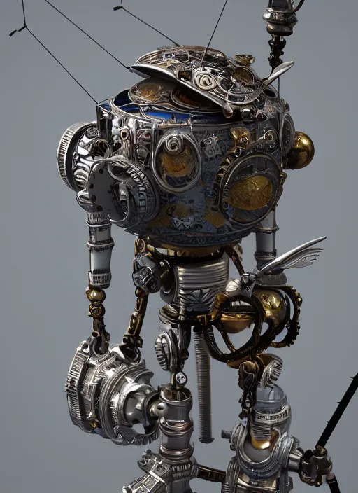 Image similar to tiny steampunk robot lunar probe, intricate detail, hyper detailed, ultra realistic, sharp focus, octane render, lantern, volumetric, ray tracing, artstation trending, moon, flowery, pocketwatch, cgsociety, sense of awe, mystical, moon, 4 k