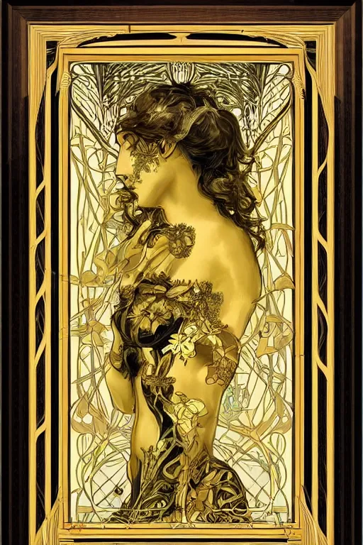 Image similar to an intricate art nouveau frame with only edges, golden concept art, matte, sharp focus,