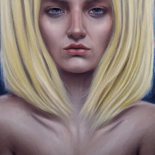 Image similar to a symmetrical portrait of a blonde woman with strong manly facial features, oil painting, pale colors, high detail, 8 k, wide angle, trending on artstation,