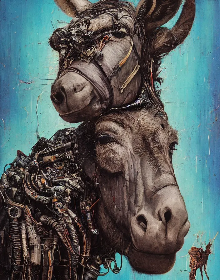 Prompt: art portrait A donkey and a bug hybrid, 8k,by tristan eaton,Stanley Artgermm,Tom Bagshaw,Greg Rutkowski,Carne Griffiths, Ayami Kojima, Beksinski, Giger,trending on DeviantArt,face enhance,hyper detailed,minimalist,cybernetic, android, blade runner,full of colour,