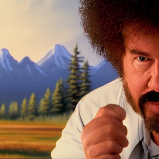 Image similar to a closeup photorealistic photograph of bob ross crafting an image of kenny powers baseball, a depiction on a canvas. mountains and trees. film still. brightly lit scene. this 4 k hd image is trending on artstation, featured on behance, well - rendered, extra crisp, features intricate detail, epic composition and the style of unreal engine.