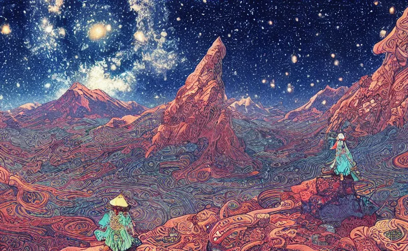 Image similar to mountains, stars and paisley filled sky, artstation, intricate, highly detailed, digital painting, concept art, sharp focus, illustration by Yoshitaka Amano and Ivan Bilibin