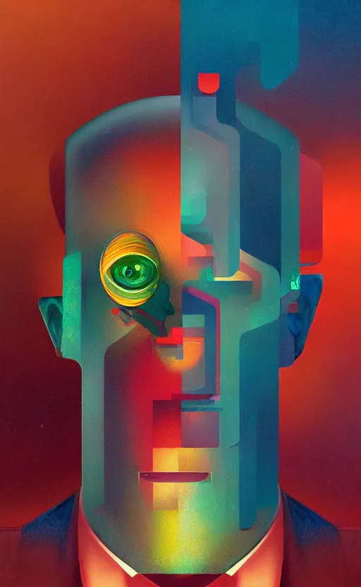 Image similar to portrait of abstract visual artificial intelligence face chromatic suit by Petros Afshar and Beeple, Edward Hopper and James Gilleard, Zdzislaw Beksinski, Mark Ryden, Wolfgang Lettl highly detailed