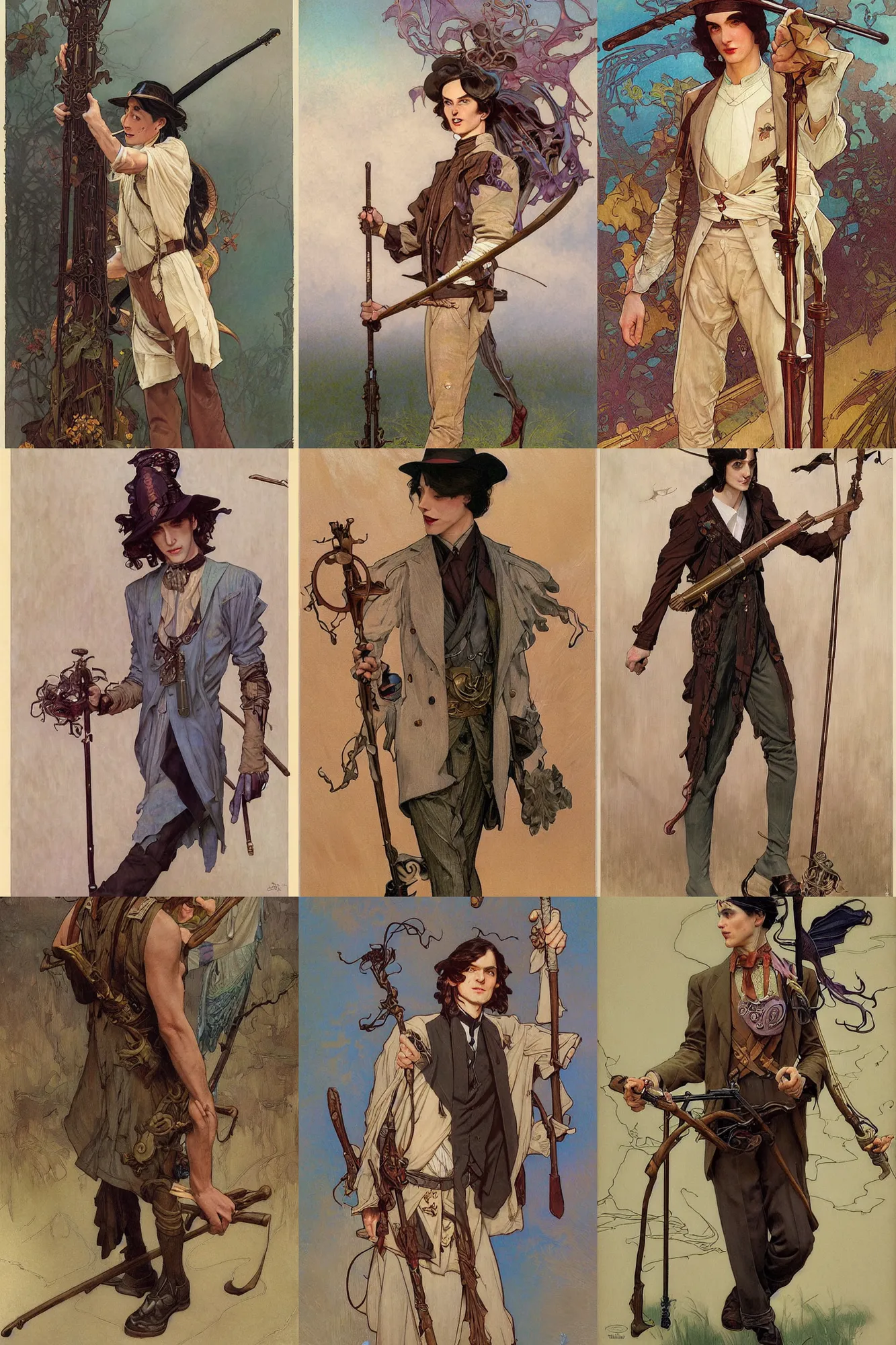 Prompt: young thin male with long dark hair holding walking stick, 1 9 2 0 s clothes, fantasy, art by joseph leyendecker, donato giancola, peter mohrbacher, ruan jia, marc simonetti, ayami kojima, cedric peyravernay, alphonse mucha, thomas kinkade, victo ngai