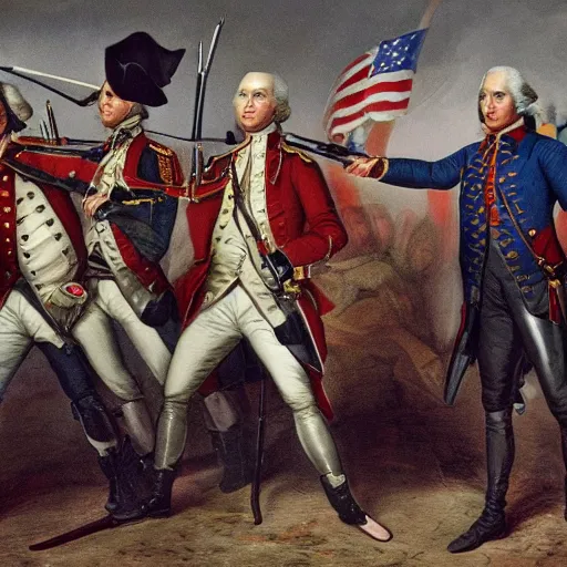 Prompt: joe rogan, george washington, keanu reeves, with ak 4 7 and ar 1 5 s fighting against the redcoats in the revolutionary war