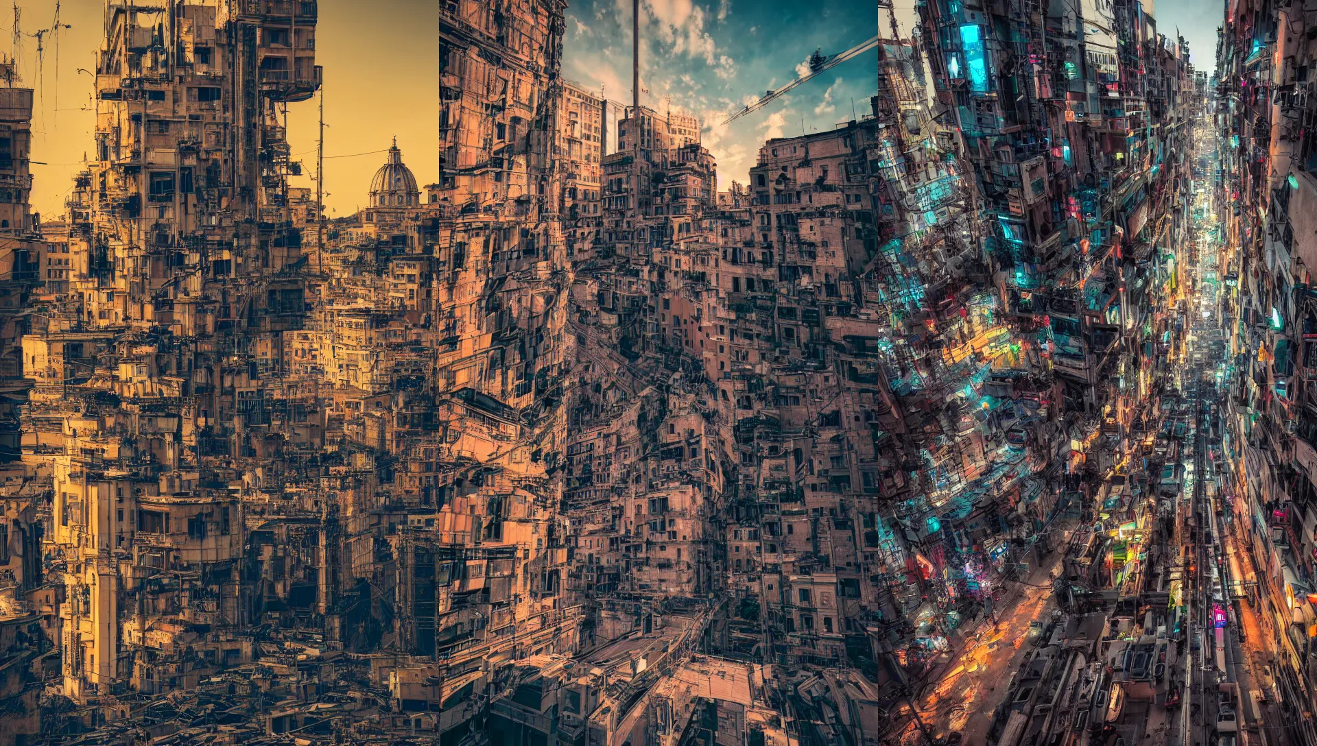 Prompt: dystopian and cyberpunk high tech colorful photo of Rome, wide angle, cinematic lighting