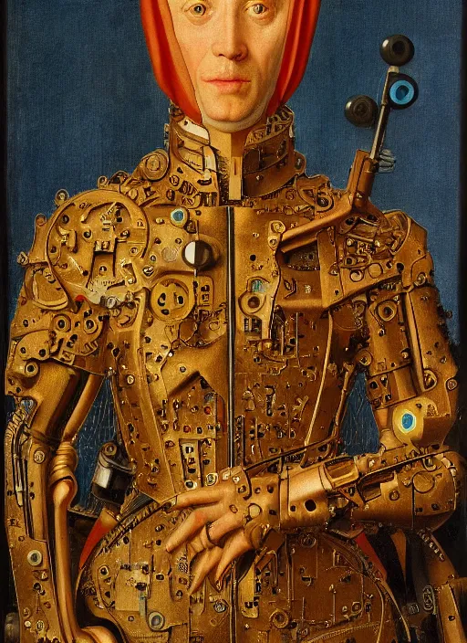 Image similar to a portrait of an augmented cyborg by Jan van Eyck