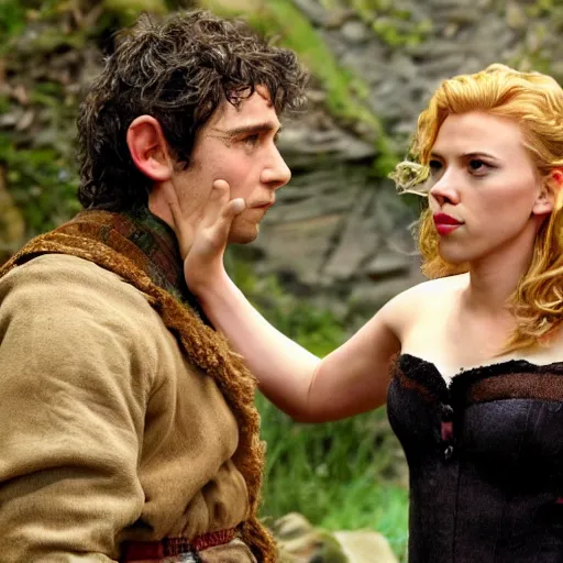 Prompt: scarlett johansson falls in love with a hobbit